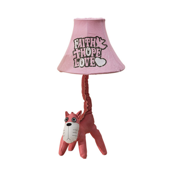 Pink children's table lamp with a figurine of kitten Pinkie and lampshade with inscription Faith Hope Love