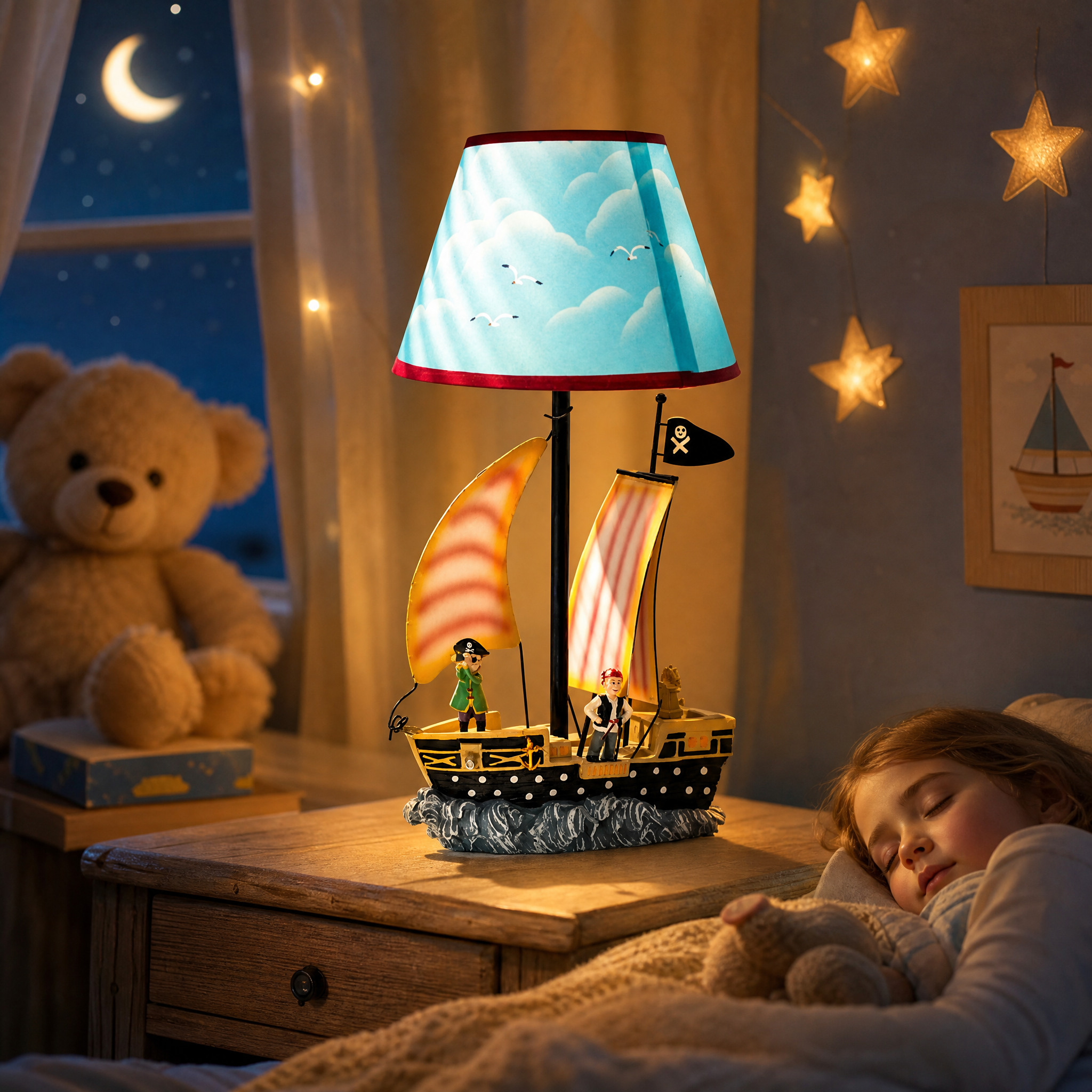 DS-093 Pirate Ship Children's Table Lamp 1 Children's table lamp Pirate ship DS -093 in blue and yellow with pirates and sails