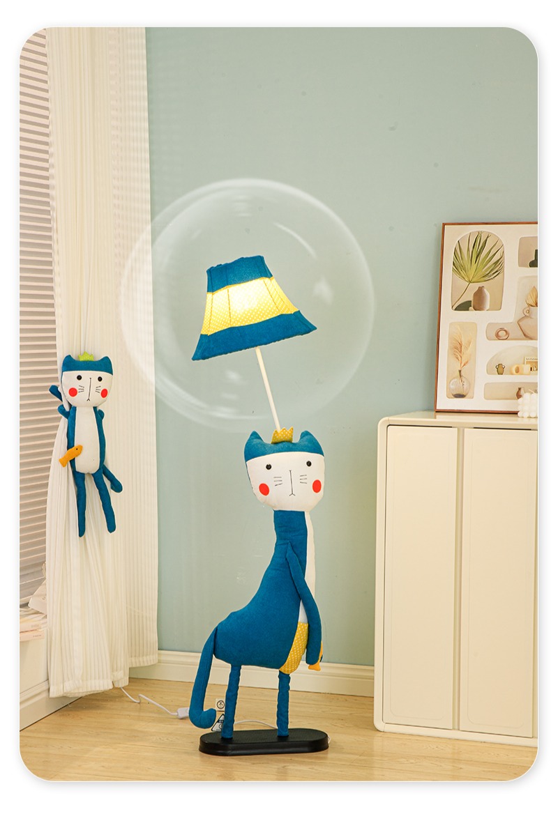 Children's lamp blue cat DS-125 2 Close-up detail of lampshade blue cat with expressive features and colorful design